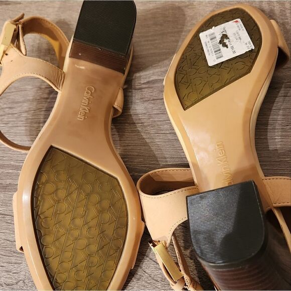 CALVIN KLEIN WOMEN SANDALS BEIGE COLOR BROWN HEEL WITCH GOLD INSCRIPTION saze 7 - Picture 4 of 5